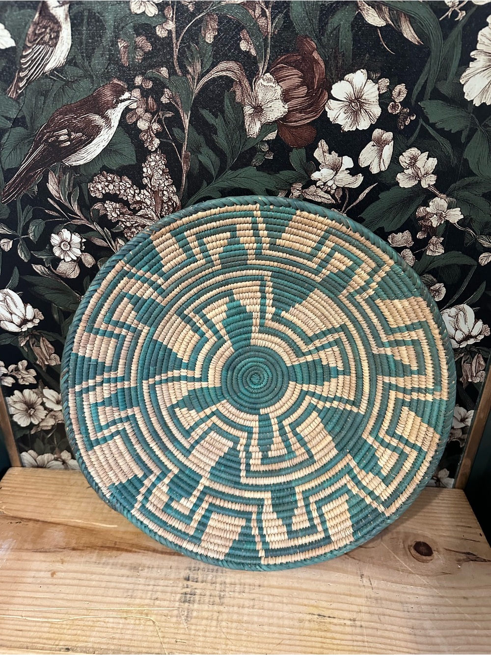 Vintage African Hanging Wall Basket Green And Tan
